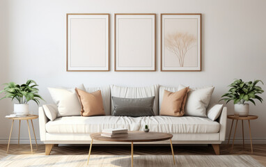 generated illustration of modern living room with gray sofa and blank white wall mockup.