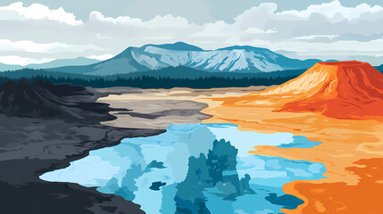 Geothermal energy flat design top view volcanic area water color split complementary color scheme. Complementary Colors. Illustration