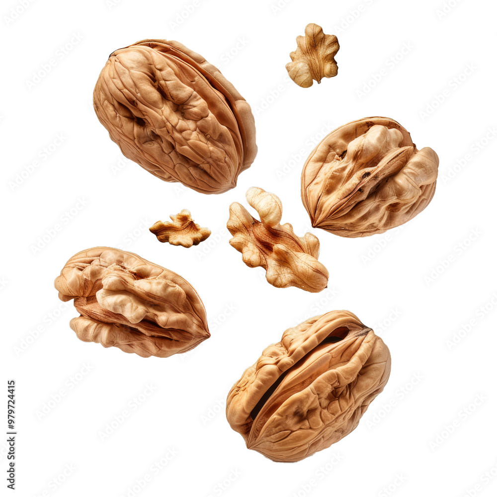 Poster several walnuts are floating in the air, some of them cracked open to reveal the nut inside