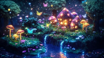 Enchanting 3D Cube Landscape of Hidden Fairy Glen with Glowing Mushrooms, Sparkling Streams, and Pixelated Fairies