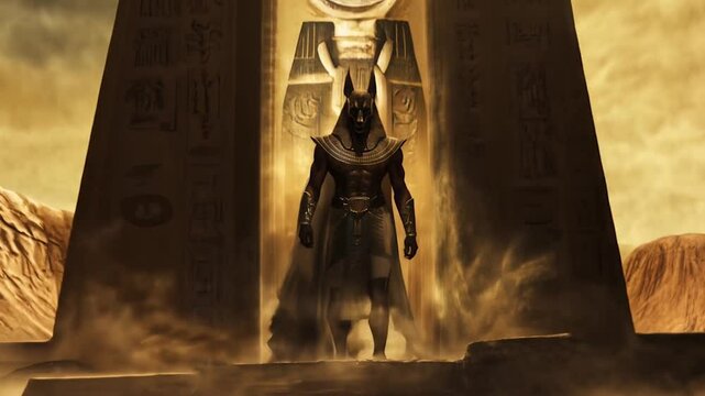 Majestic silhouette of Anubis figure emerging from golden mist. Ancient Egyptian god with jackal head walking. Dramatic lighting illuminates hieroglyphs on temple walls. Mystical animation atmosphere