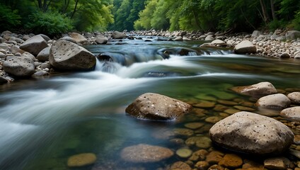 Gentle stream flowing over rocks in a river