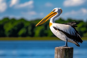 Pelican drying its wings in the warm sun after a day of fishing, perched on a dock post