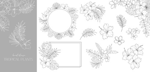 Floral Frame. Line Art Tropical Plants. Floral Line Art. Flower Coloring Page. Fine Line Tropical Greenery illustration. Hand Drawn flowers. Tropical Wedding invitation flowers