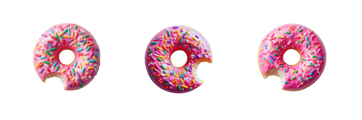 Set of Pink frosted donut with colorful sprinkles with bite missing, isolated over on transparent white background