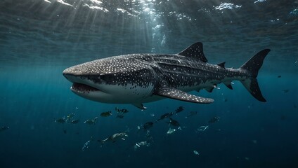 Giant whale shark eating plankton underwater.
