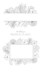 Floral Frame. Line Art Tropical Plants. Floral Line Art. Flower Coloring Page. Fine Line Tropical Greenery illustration. Hand Drawn flowers. Tropical Wedding invitation flowers
