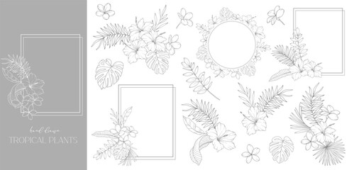 Floral Frame. Line Art Tropical Plants. Floral Line Art. Flower Coloring Page. Fine Line Tropical Greenery illustration. Hand Drawn flowers. Tropical Wedding invitation flowers