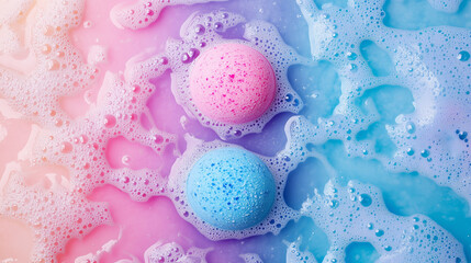 Fizzy bath bombs on a colorful foam background