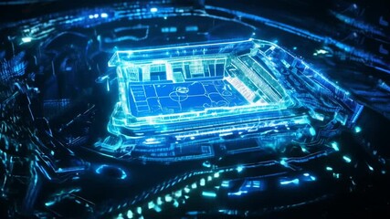 Futuristic digital abstract animation of a soccer stadium. Glowing blue hologram of sports arena on circuit board background. Technological concept for smart stadiums and e-sports - Powered by Adobe