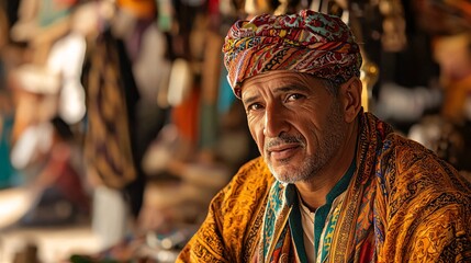 Obraz premium Moroccan Storyteller Narrating a Tale in a Vibrant Marketplace