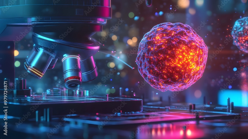 Poster a 3d rendering of a microscope focusing on a luminous cell