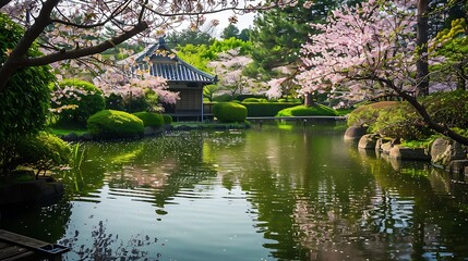 Naklejka premium A serene yard with flowering cherries and an artificial lake