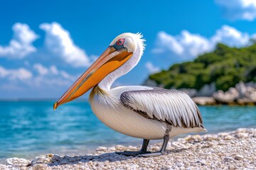 Pelican with its large beak resting on its chest, looking peaceful and calm on the shore