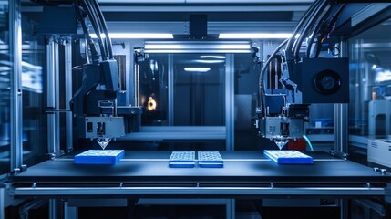 Obraz premium High-tech 3D printing in action, showcasing advanced printers creating intricate custom prototypes, emphasizing innovation and precision in modern manufacturing.