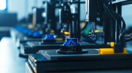 Fototapeta premium Advanced 3D printing technology, high-tech printers in action, creating intricate custom prototypes, showcasing innovation in design and manufacturing processes.