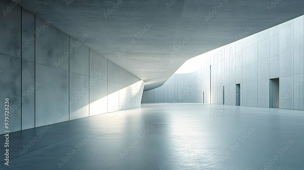 Poster a 3d rendering of a modern, concrete building with a curved ceiling and smooth, reflective floor, sh