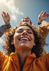 Smiling women outdoors, embracing joy and happiness under the sky.