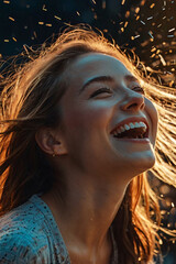Young woman laughing with sparks flying, capturing a moment of joy and spontaneity.

