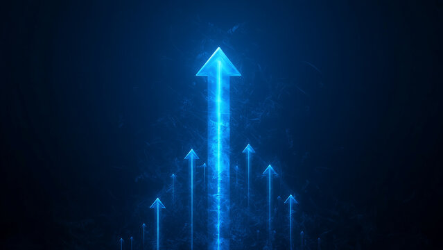 Set of multiple glowing blue arrows pointing upward, set against a dark blue backdrop. For business themes, growth, success, and progress concepts.