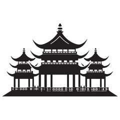 A black and white silhouette of a pagoda tower, Chinese architecture vector, Chinese house black silhouette, Chinese national building pagoda Vector