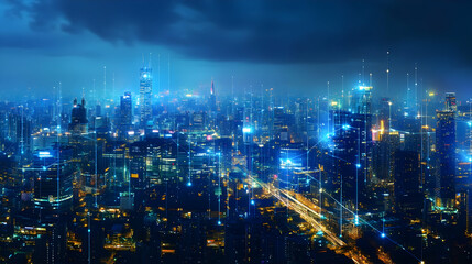 Fototapeta premium A Nighttime View of a City with Illuminated Buildings and Connected by Abstract Lines of Light