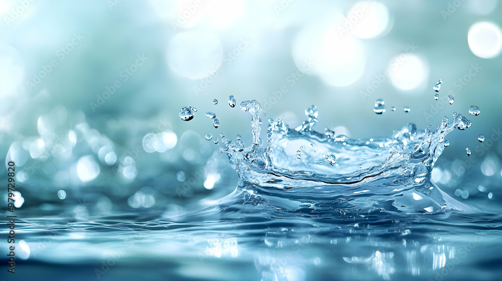 Poster a splash of water with bokeh background - crystal clear water droplets create a dynamic splash, refl