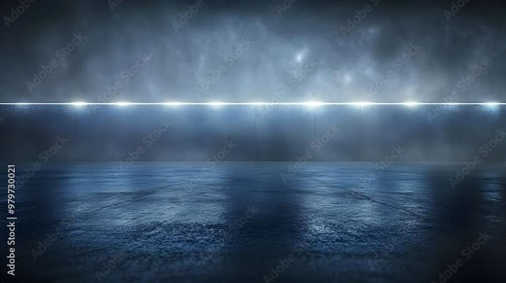 Poster abstract 3d background with lights and fog on a concrete surface with a wet texture in a futuristic 