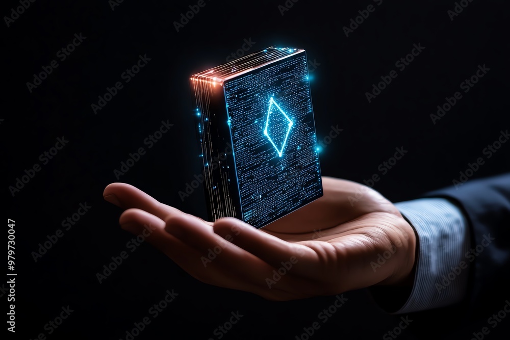 Poster a hand holding a holographic database icon, symbolizing access to information from a digital interfa