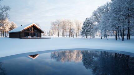 Obraz premium A charming log cabin nestled in a snowy landscape, offering a peaceful retreat for those seeking sustainable living, tranquility, and connection with nature.