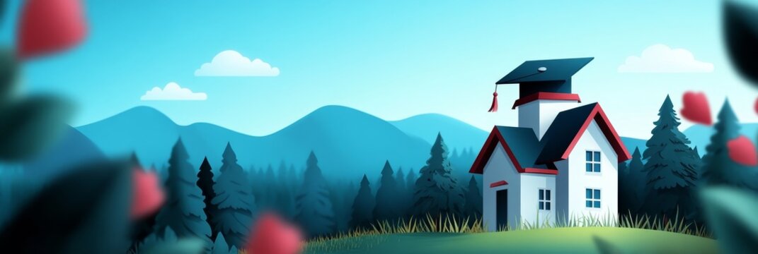 A charming schoolhouse with a graduation cap, nestled in a lush forest symbolizes knowledge, education, growth, and the pursuit of dreams.