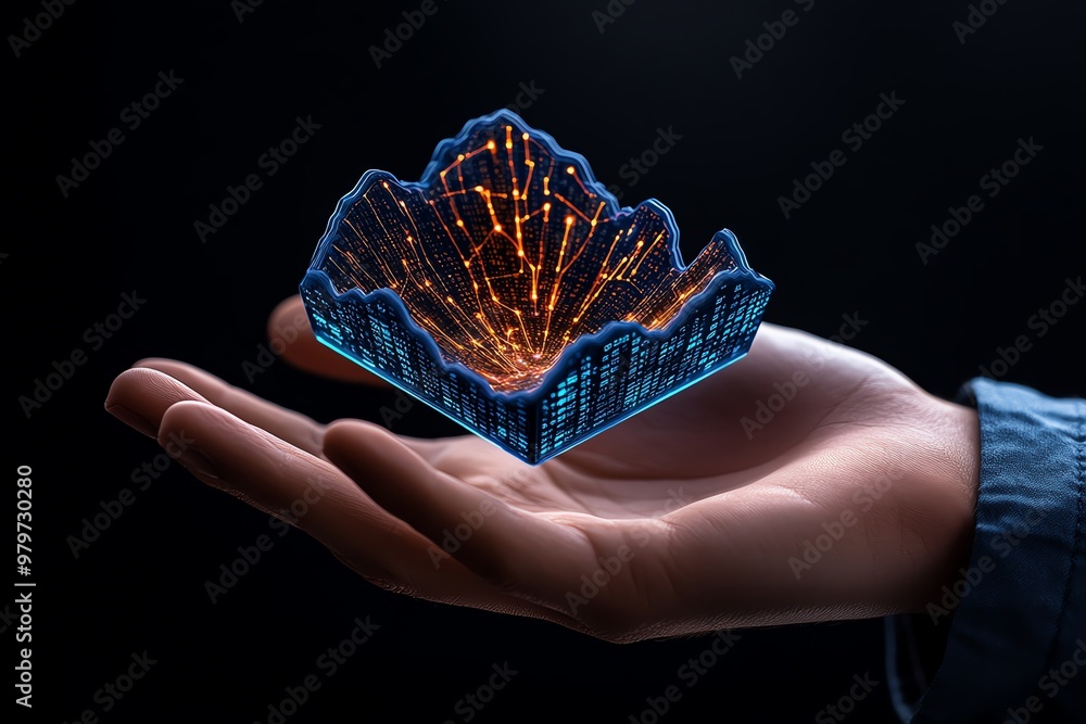 Poster a hand holding a holographic database icon, symbolizing access to information from a digital interfa