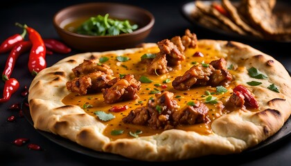Freshly baked arabic or Pakistani flat bread Kuboos or roti on a black background. Kuboos or khubz fresh pita bread with chilly chicken curry
