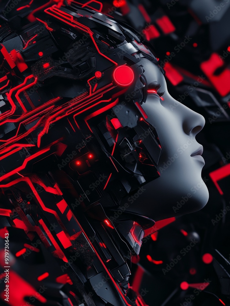 Poster a close-up of a cybernetic being with glowing red circuits, highlighting the fusion of technology an