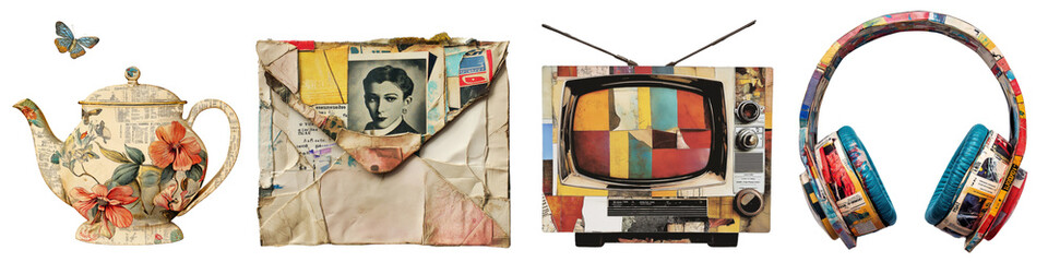 Retro elements, kettle, TV, headphones, envelope, cut from a magazine and newspaper.  Collection for modern collage Grunge stickers, png, transparent background.