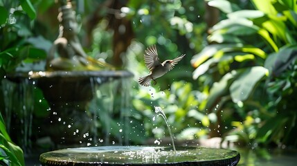 A small sparrow flies by a water feature that is enveloped by lush greenery