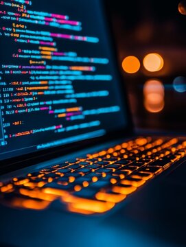 A close-up image of a laptop with code on the screen, illuminated by warm light. The keyboard glows orange, creating a sense of focus and activity. This image symbolizes technology, coding, innovation