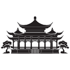 A black and white silhouette of a pagoda tower, Chinese architecture vector, Chinese house black silhouette, Chinese national building pagoda Vector