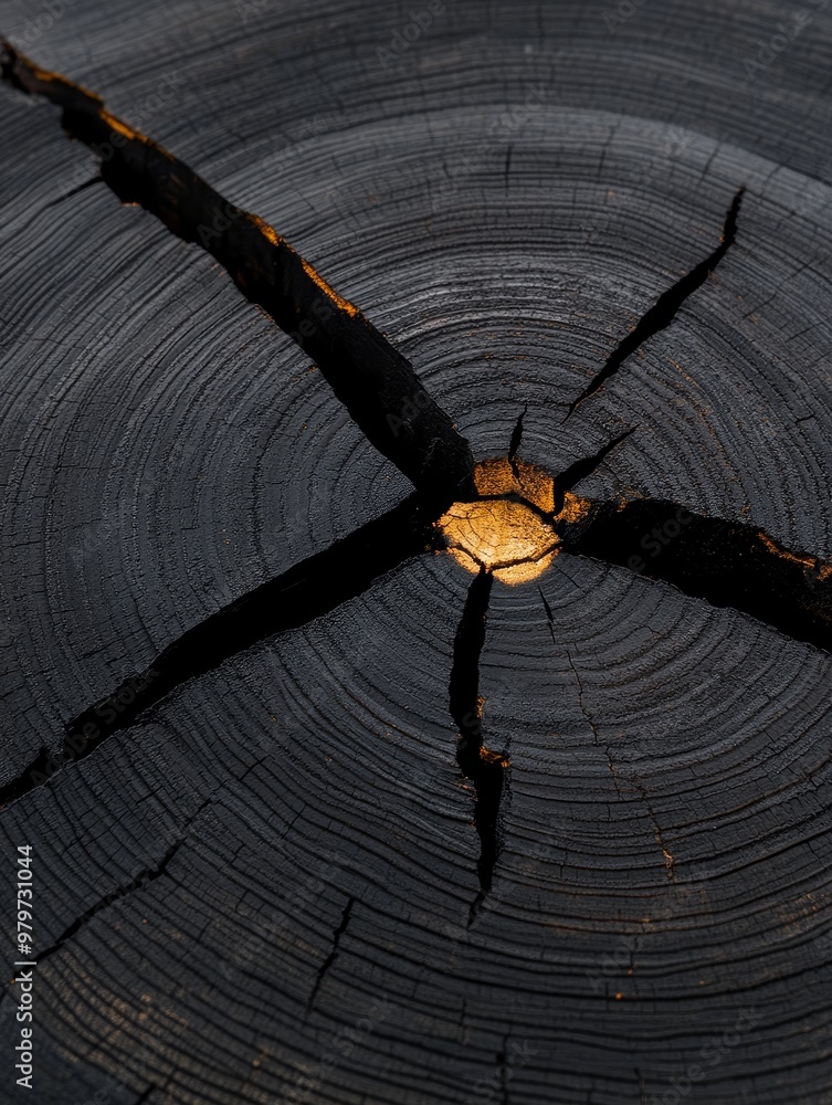 Poster a close-up view of a charred tree stump, showcasing the intricate patterns of its growth rings and t