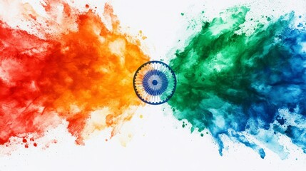 A colorful and abstract watercolor painting of the Indian flag, celebrating independence day with symbols of freedom, unity, peace, and the spirit of India.