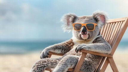 A cool koala wearing sunglasses relaxes on a beach chair, enjoying the summer sun and a carefree vacation.  This symbolizes relaxation, vacation, summer, fun, and wildlife.