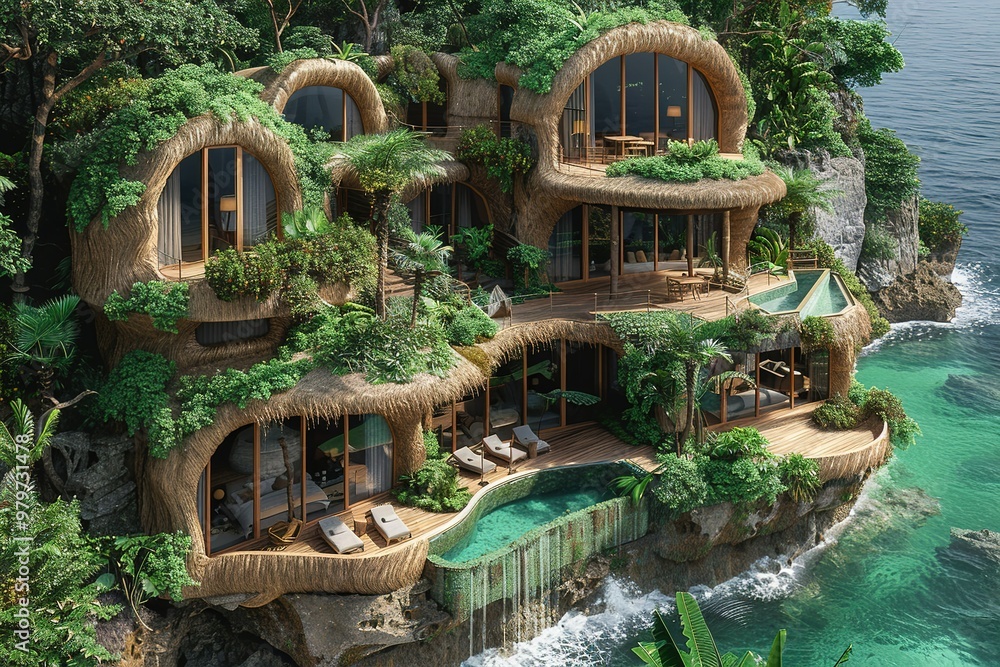 Poster a house with a pool and a waterfall is shown in the image