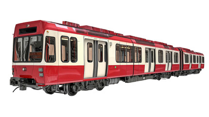 Obraz premium Side view of a red and white train in a chaotic setting