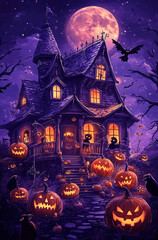 A whimsical cartoon-style illustration of an old haunted house decorated with pumpkins and black crows, set against the backdrop of a full moon