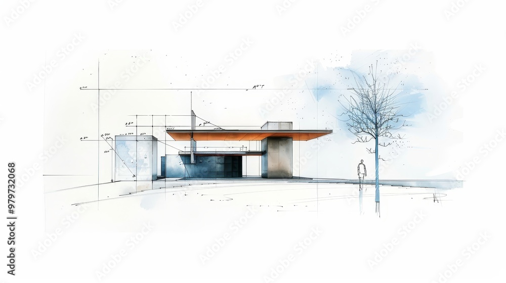 Aufkleber a detailed architectural sketch of a modern house with a large overhang and a tree in the background