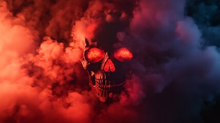A demonic skull with glowing red eyes emerges from a swirling cloud of smoke, symbolizing death, mystery, darkness, fear, and the supernatural.