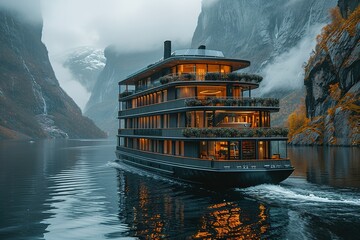 A large cruise ship is sailing on a lake with mountains in the background