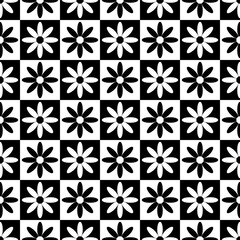 Floral seamless, black and white monochrome checkerboard and