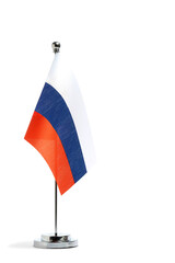 Table flag Russia on metal flagpole, highlighted on white background.