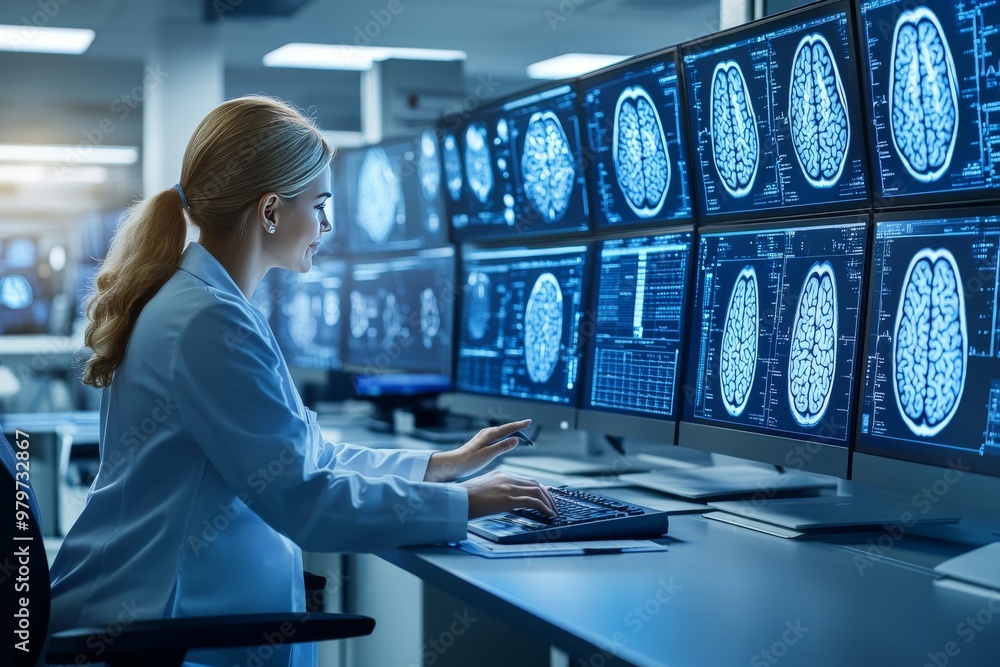 Poster medical professional reviewing multiple brain scans on glowing monitors symbolizing the power of neu